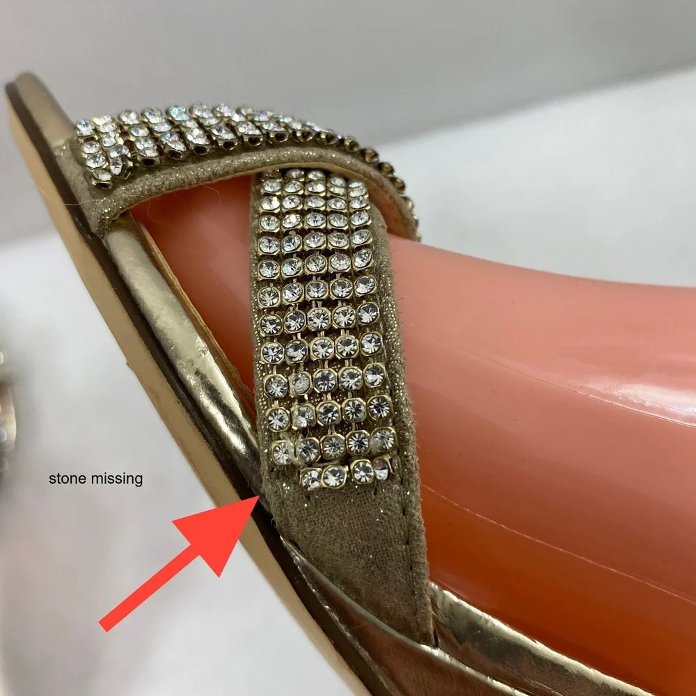 Womens Gold Rhinestone Wedge Sandals Size‎ 6M Metallic Ankle Strap Evening Shoes